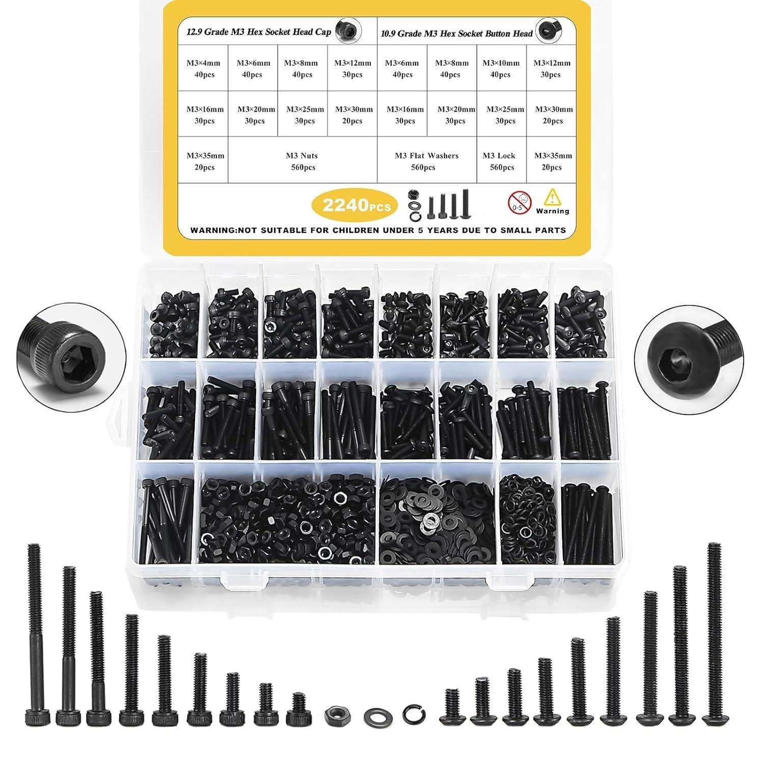2240件M3螺母垫圈套件,M3x4MM-35MM,六角套筒按钮和盖头机器螺栓