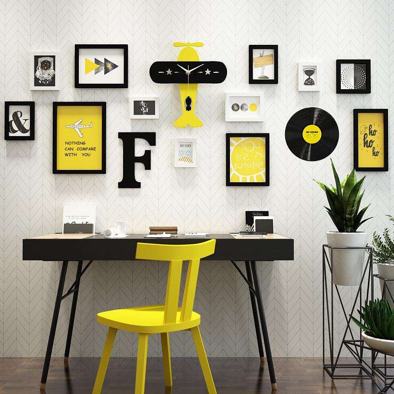 实木_7294_北欧实木照片墙组合相框装饰画飞机摇摆真钟表可换相片