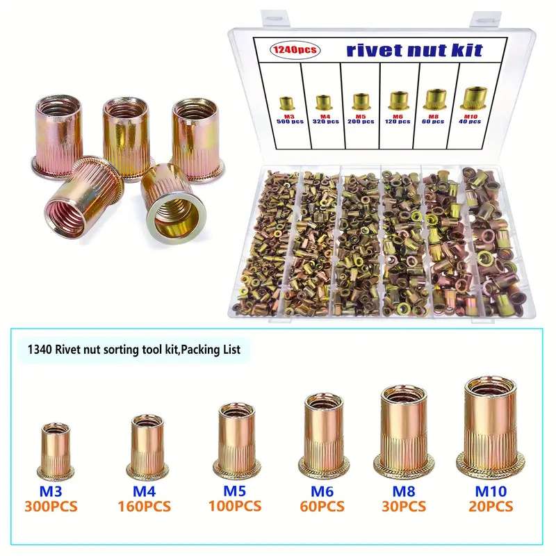 跨境1240pcs镀彩锌拉铆螺母套装平头竖纹滚花铆螺母盒装m3-m10