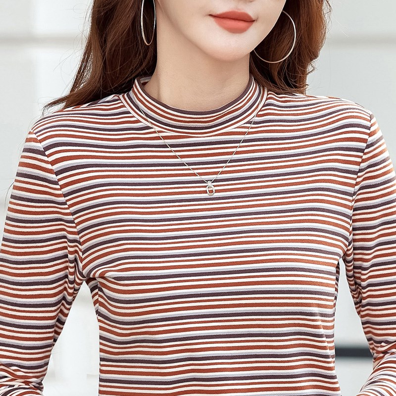 中领彩条纹长袖T恤女加厚保暖老人秋衣中K老年打底衫半高领妈妈装