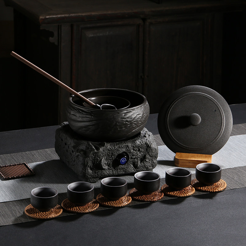 煮茶壶黑茶火山石煮茶器茶炉陶瓷带盖子功夫茶具炉茶煮茶碗干泡碗