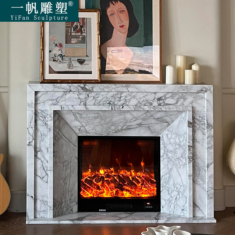 大理石壁炉法式复古客厅美式现代简约天然大花白石材壁炉架装饰柜
