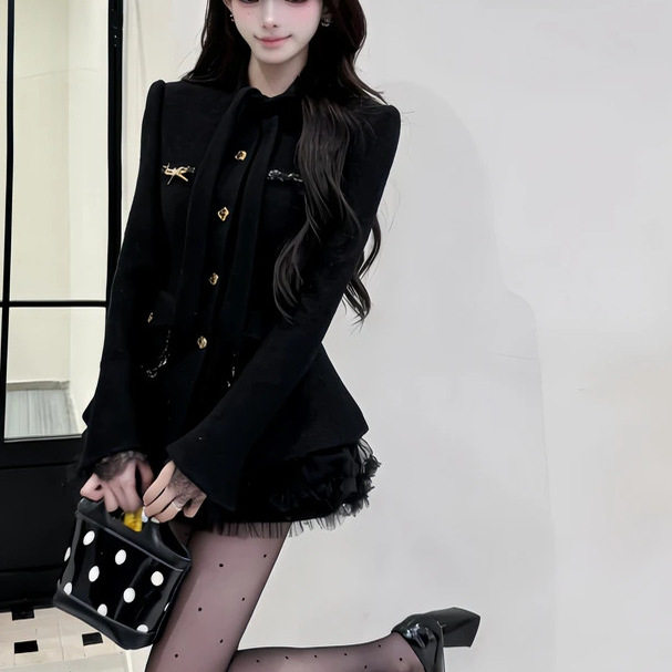 优雅千金风气质单排扣喇叭袖外套女秋冬新款高腰网纱短裙两件套装,女装/女士精品,时尚套装,淘宝优惠券,粉丝福利购,淘宝优惠卷