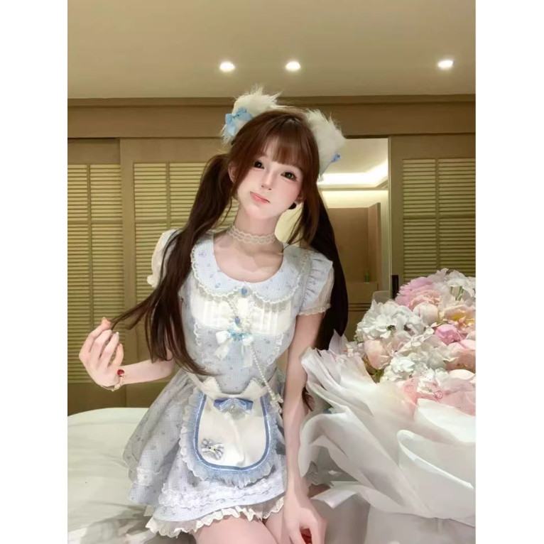 甜美风白色蕾丝连衣裙女公主风蝴蝶结围裙短裙显瘦可爱