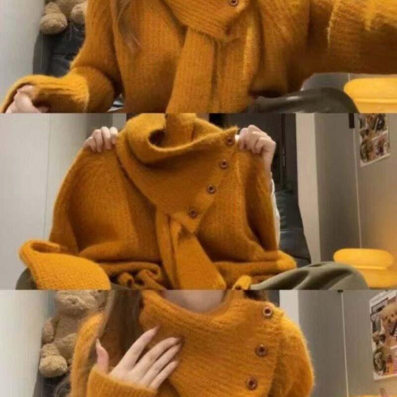 韩系高级感可拆卸围巾毛衣女秋冬设计感小众宽松针织软糯单穿上衣