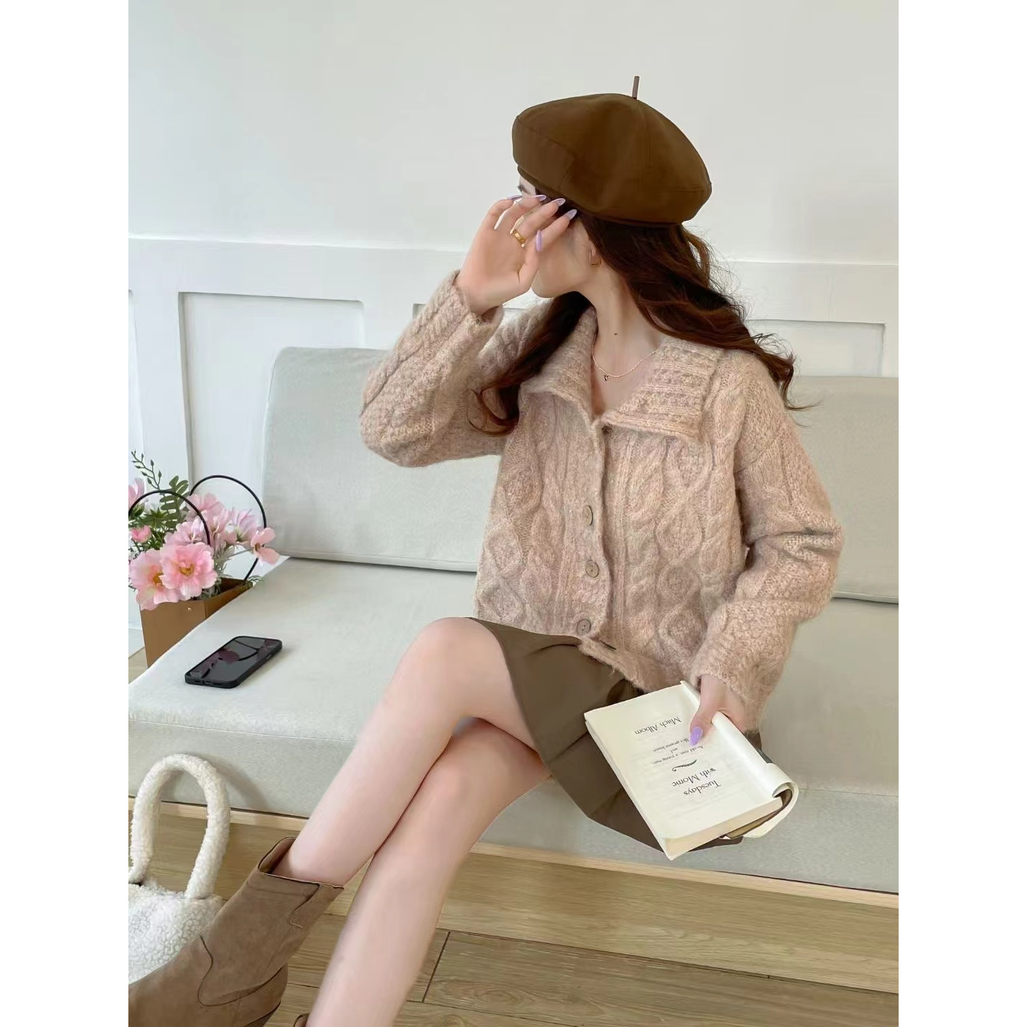 复古慵懒风宽松高领麻花毛衣外套女秋冬加厚长袖上衣立领针织开衫