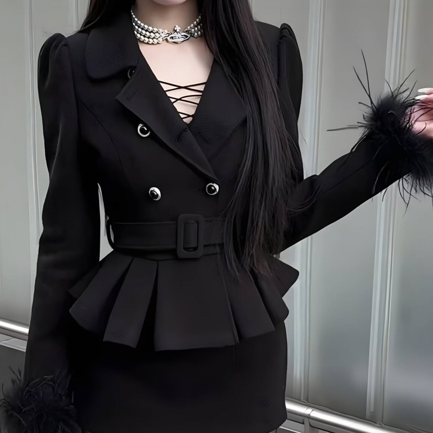 双排扣短外套上衣+半身裙套装女