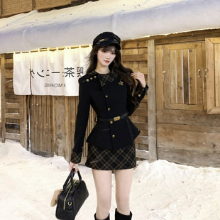 法式 女 复古名媛老钱风气质呢子外套格纹包臀半身裙千金风两件套装