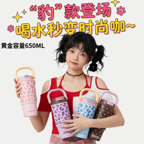 奥特莱斯折扣店撤柜清仓650ml豹纹水杯便携式手提保温杯女生高颜