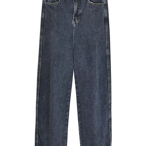 大码女装蓝灰色直筒牛仔裤女200斤胖mm复古高腰宽松显瘦阔腿裤子