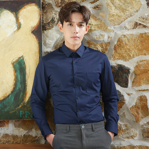 蓝色衬衫男长袖秋冬免熨烫宝蓝商务职业正装工作服深蓝男士西装衬