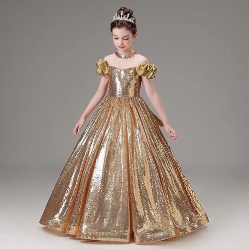 儿童礼服女童晚礼服公主裙长款亮片闪亮主持人舞台走秀钢琴演出服