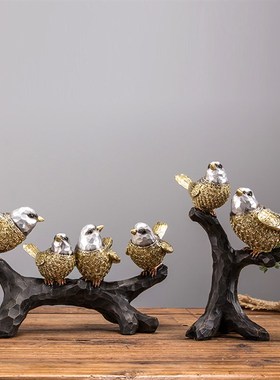创意美式小鸟摆件新房家居装饰品客厅树枝鸟工艺品酒柜玄关摆设
