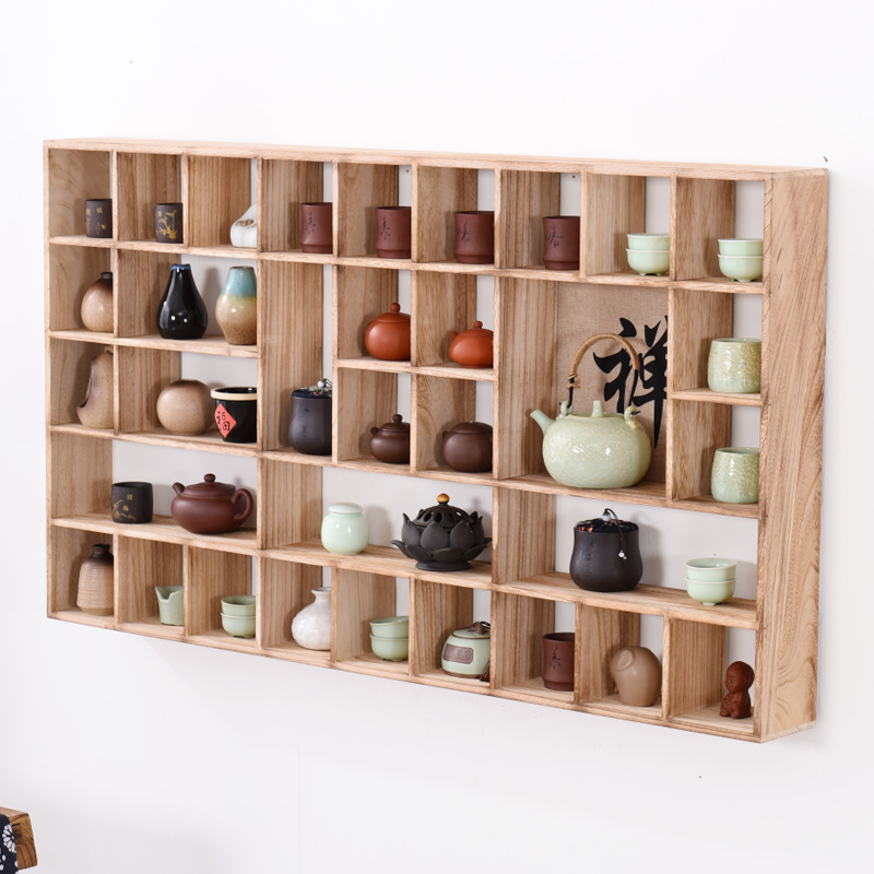 禅意挂墙多宝阁中式茶杯茶具展示架实木大小博古架茶架收纳柜置物