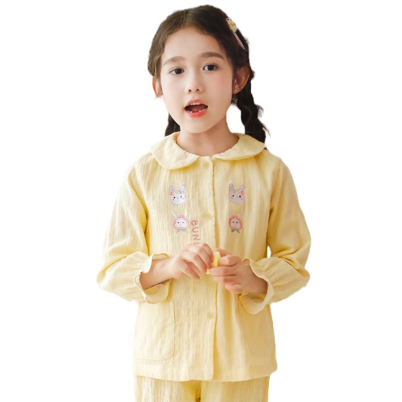 春秋可爱娃娃领全棉双层纱布儿童女童睡衣长袖纯棉春夏女孩家居服