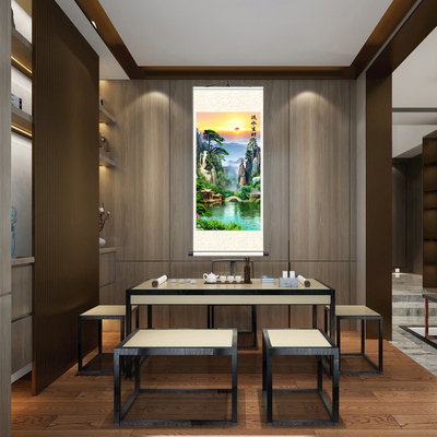 客厅竖版流水生财聚宝盆山水画办公室靠山挂画卷轴装饰画风景挂画