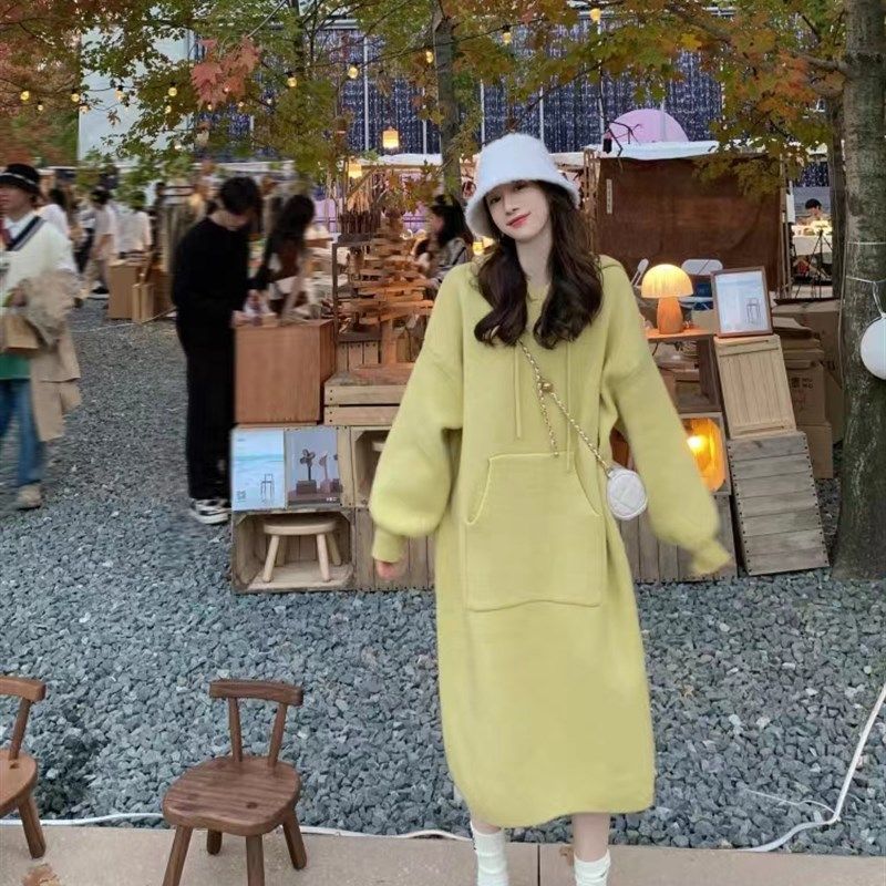 秋冬高级设计感配大衣连帽针织衫女中长款裙女内搭宽松毛衣连衣裙