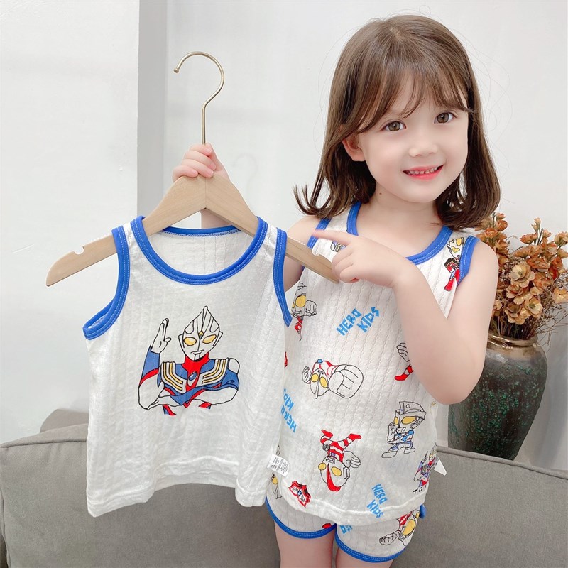 2件组 儿童夏季新款背心男童女童A类卡通呼吸棉无袖T恤打底衫