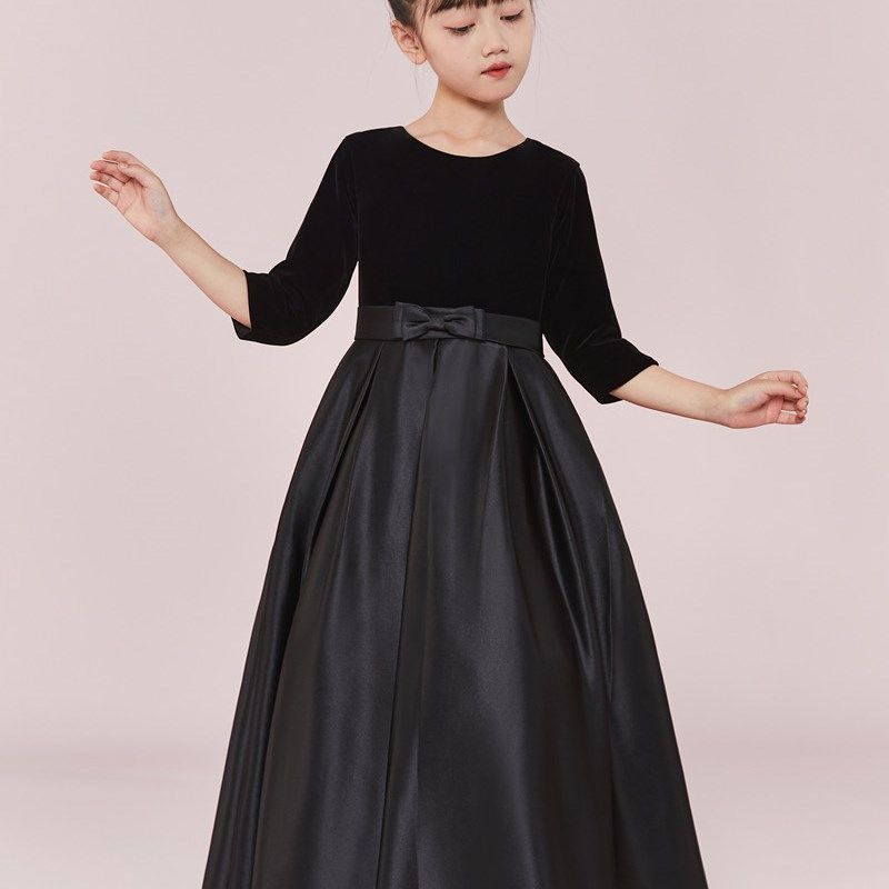 新款女童黑色修身礼服钢琴小提琴乐器演奏服元旦合唱团走秀裙秋冬