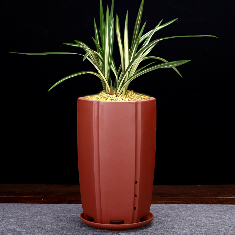 宜兴精品紫砂兰花盆陶瓷六方素面简约透气兰草盆绿植盆景盆带托盘