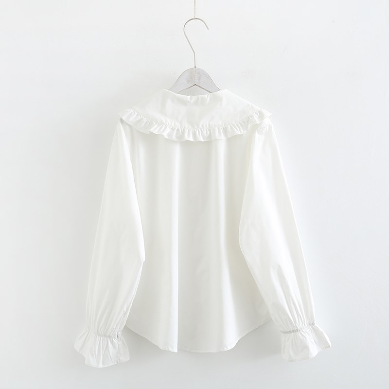 梦箱子2024春新款木耳边大娃娃领棉布衬衣女荷叶袖百搭宽松白衬衫