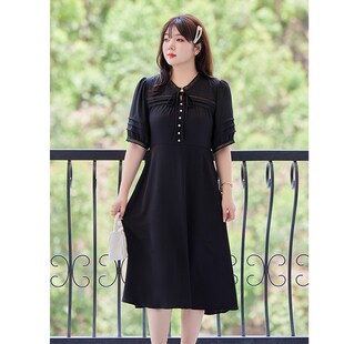 法式 2023夏装 女装 大码 气质收腰显瘦胖MM连衣裙黑色雪纺茶歇裙 新款