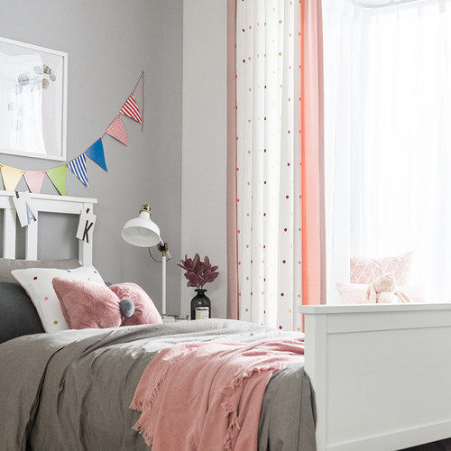 呈开温馨波点女孩房粉色窗帘绣花布定制卧室儿童房公主风拼接窗帘