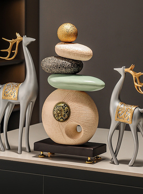 石来运转鹿摆件一对新中式客厅玄关鞋柜K家居装饰品摆件办公室创