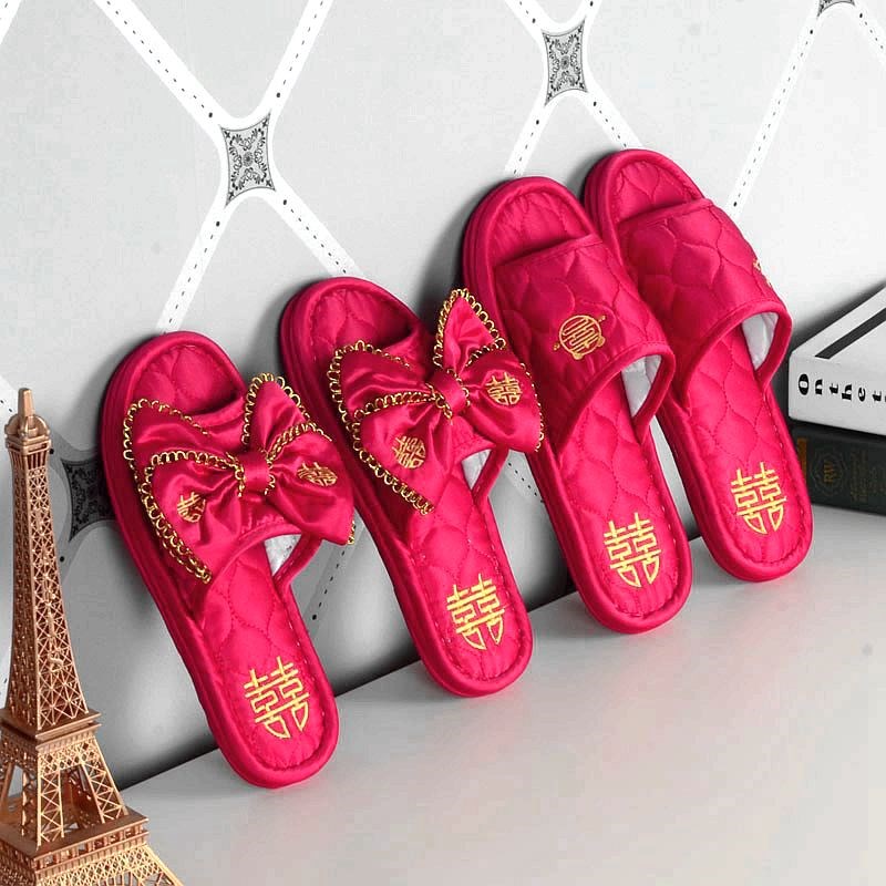 结婚拖鞋新婚喜h庆红色牛筋婚鞋情侣婚庆布底室内三层加厚喜字布