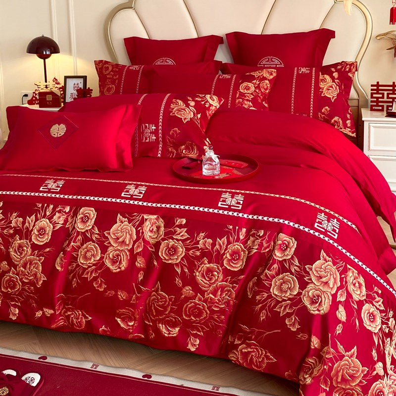 高档结婚四件套喜庆大红色纯棉玫瑰刺绣被套床单婚庆婚嫁床上用品