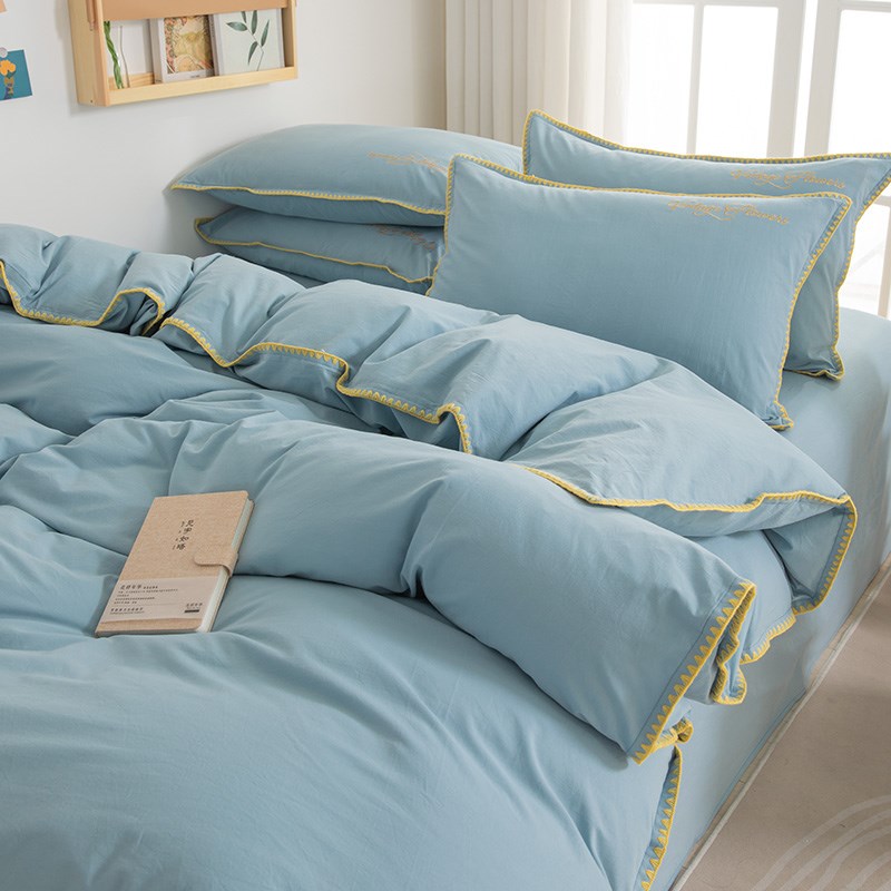 南通纯棉四件套简约纯色水洗棉床单被套全棉床上用V品床笠款三件