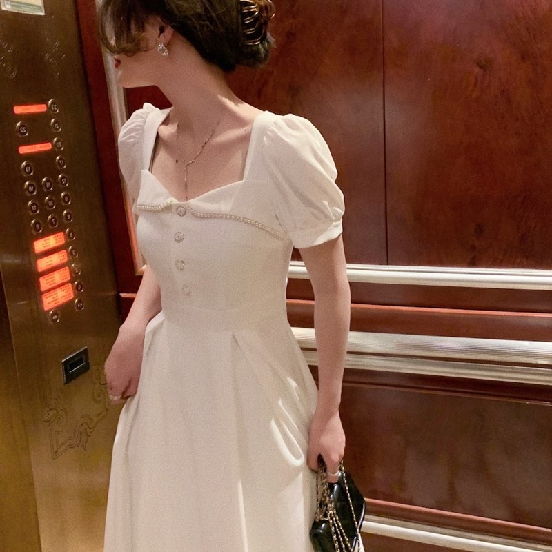 胖mm大码女装法式小白裙方领气质礼服领证初恋裙S订婚连衣裙女夏