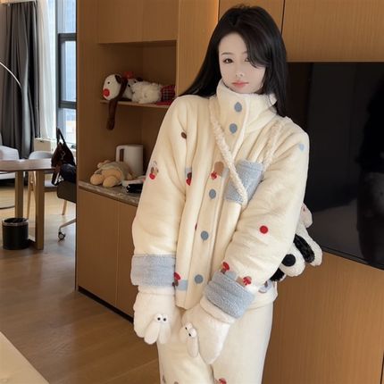 冬季新款加绒加厚保暖可爱狗狗气质显瘦睡衣女休闲外W穿家居服套