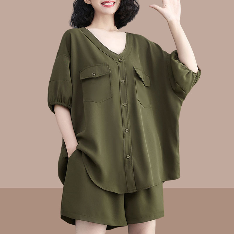 微胖减龄套装大码女装胖mmv时髦胖mm显瘦套装遮肚子休闲时尚夏季