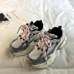 百搭透气显脚小轻便跑步鞋 女2023新款 炸街拼色厚底老爹鞋 方鱼鹿
