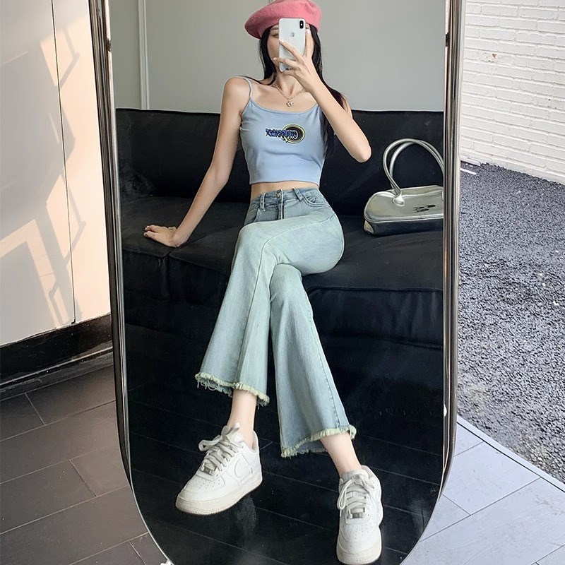 怀旧微喇牛仔裤女2024夏v季薄款小个子九分高腰显瘦紧身毛边喇叭