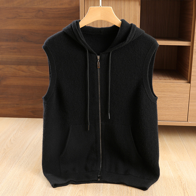 马甲背心男100纯喀什米尔羊毛衫秋冬针织连帽加厚毛衣坎肩开衫帽