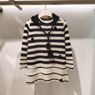 舒适针织连衣裙 童装 定制冬季 新款 l女童洋气时髦条纹休闲带帽韩版