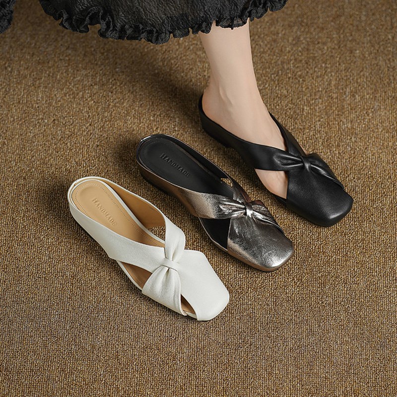 2025夏新款内增高半拖鞋真皮包头凉拖鞋女外穿软皮凉鞋大码女鞋