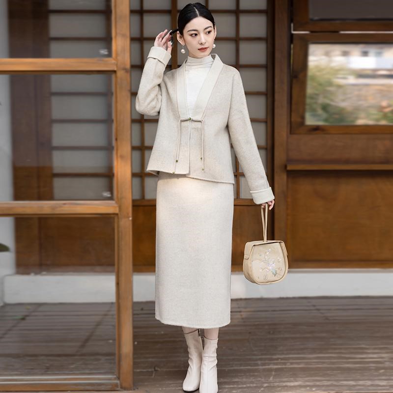 新中式国风外套裙子两件套女2024秋冬H新款禅意复古双面羊毛呢大