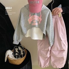 女童短款连帽卫衣背心工装裤套装春秋款2024新款儿童Y女宝韩系穿