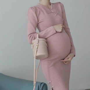 国风复古盘扣旗袍翻领套头包臀针织连衣裙女潮妈 新款 孕妇装 秋季