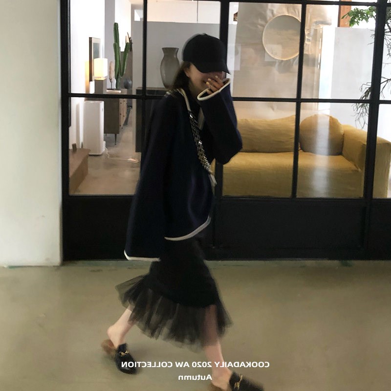大码女装胖妹妹mm慵懒风V领毛衣D秋季宽松显瘦撞色套头针织衫上衣