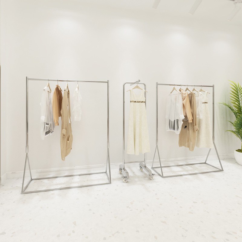 服装店不锈钢落地式挂衣架女装店童装陈列货架银色衣服架子展示架