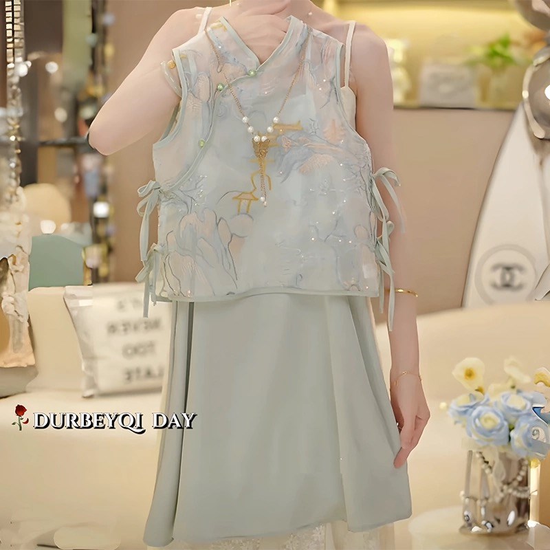 女童新中式刺绣旗袍连衣裙夏季2025新款儿童国风套装汉服吊带裙子