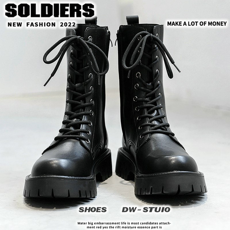 男士马丁靴高帮长靴高筒厚底增高长筒靴机车黑色皮靴侧拉链烟筒靴