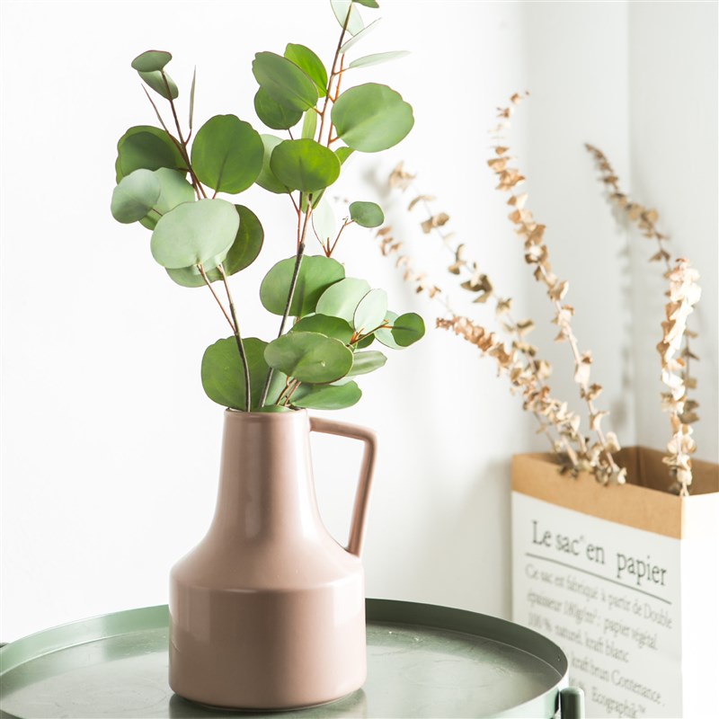 创意陶瓷花瓶带手柄花器纯色现代轻奢简约北欧房客厅摆件