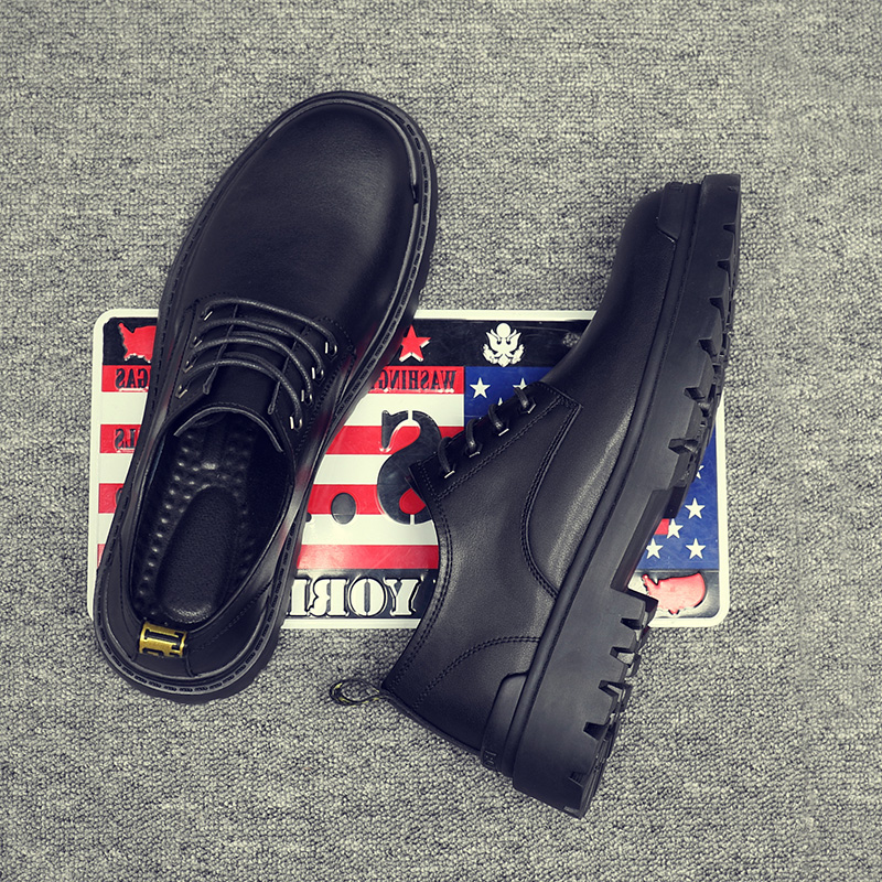 鞋子男秋季马丁靴潮男休闲皮鞋黑色大头鞋真皮潮流厚底低帮工装鞋