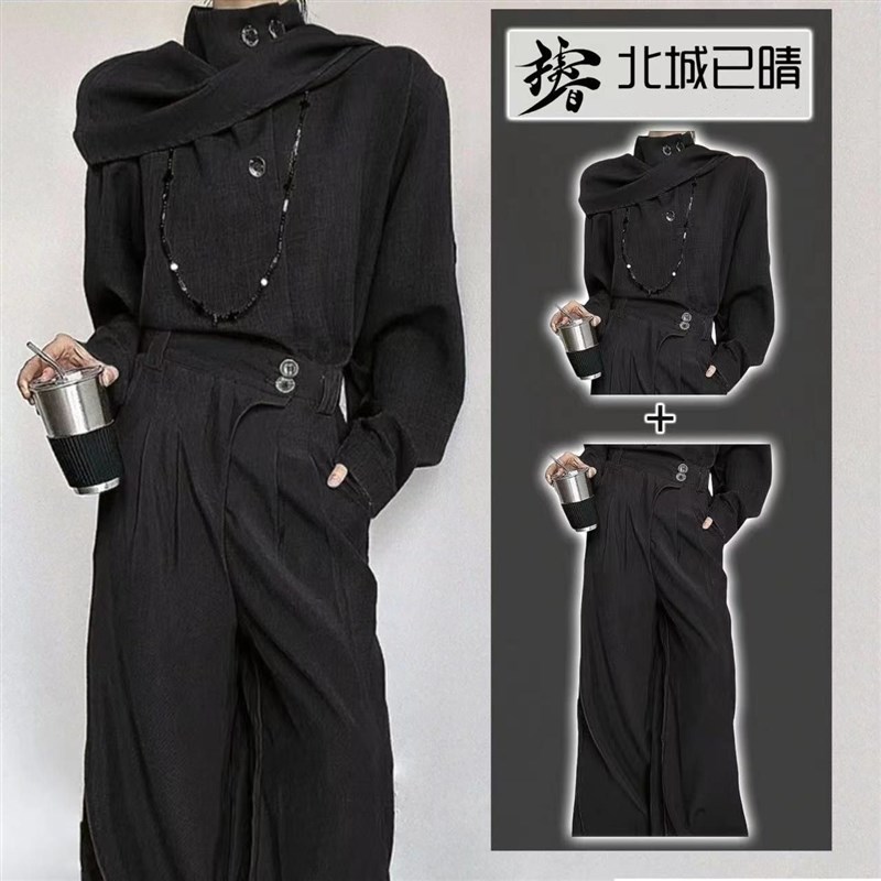 【两件套】秋季新中式立领衬衫男设计感飘带围巾衬衣休闲西装套装