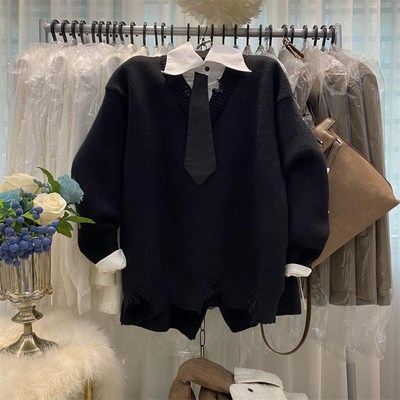 韩系学院风设计感假两件拼接衬衫领下摆毛边毛衣搭配毛线短裤套装